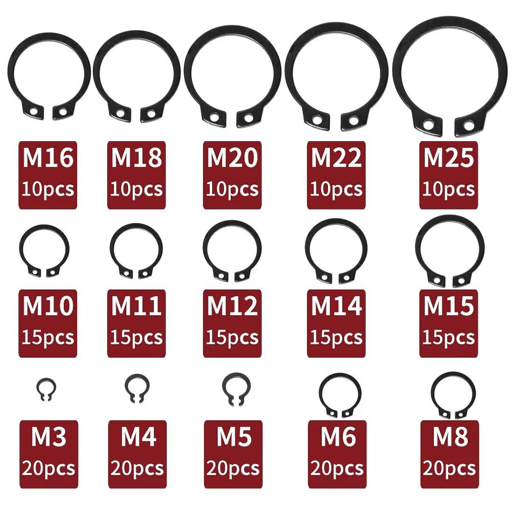 225pcs Alloy Steel External Snap Rings Circlip C-Clip Assortment Kit 15 Sizes