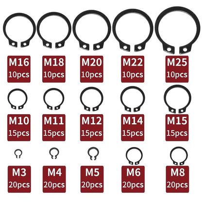 225pcs Alloy Steel External Snap Rings Circlip C-Clip Assortment Kit 15 Sizes