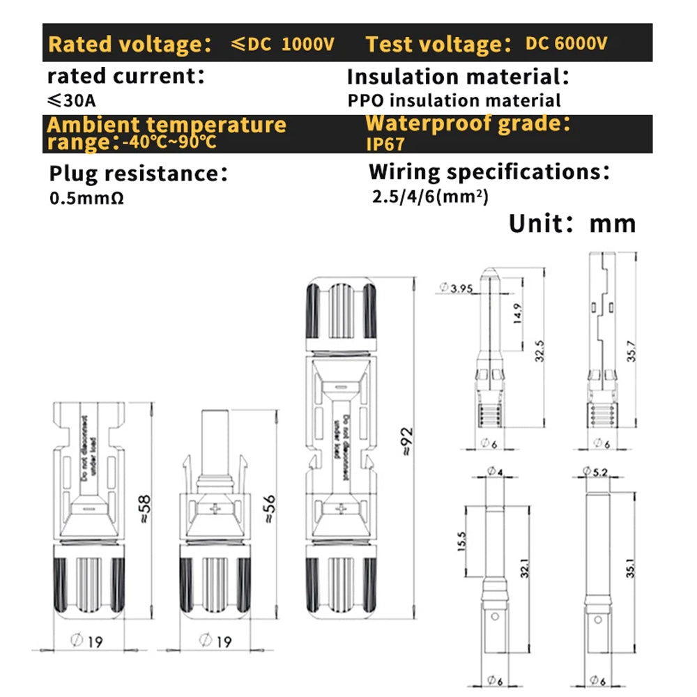 5 Pairs Solar Connectors 1000V 30A Solar Panel Branch MC4 PV Connectors