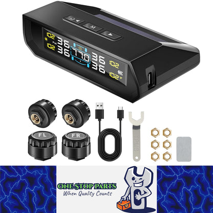 Tyre Pressure Monitor System TPMS Solar USB LCD Tire Alarm 4 External Sensors