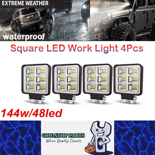 4 x LED Work Lights 144W Square 105mm 12V-24V 6500K Spot Beam LED Spotlights