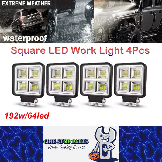 4 x LED Work Lights 192W Square 105mm 12V-24V 6500K Spot Beam LED Spotlights