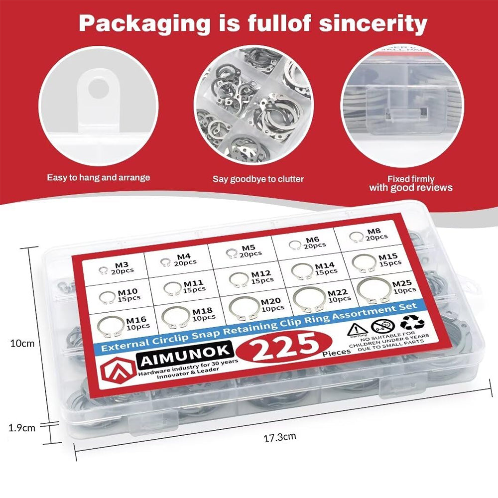 225pcs Stainless Steel External Snap Rings Circlip C-Clip Assortment Kit M3-M25