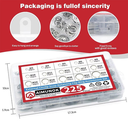 225pcs Stainless Steel External Snap Rings Circlip C-Clip Assortment Kit M3-M25