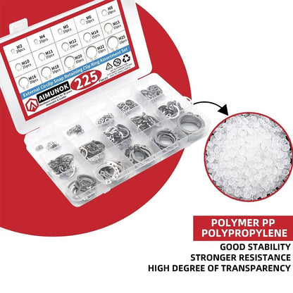 225pcs Stainless Steel External Snap Rings Circlip C-Clip Assortment Kit M3-M25