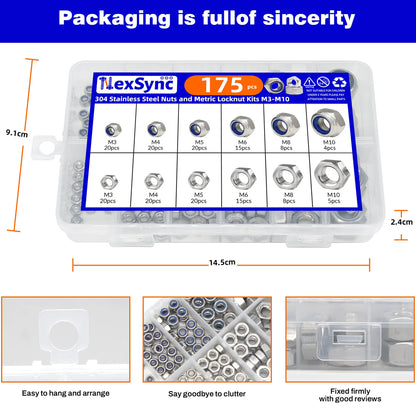 175pcs Stainless Steel Self Lock Hex Nut Nylock Locknut Kit M3-M10 Nylon Insert