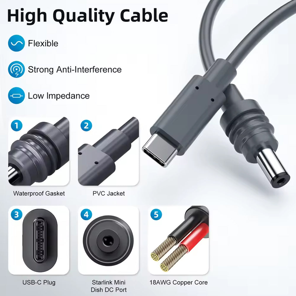 Starlink Cable Mini USB C to DC Power Cable Type C to DC Cable 65W+ PD Max 100W