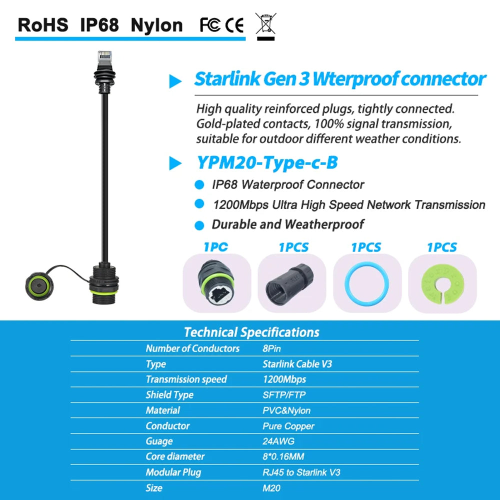 50CM Starlink Gen 3 Ethernet Adapter Starlink Cable Extension to RJ45 Coupler