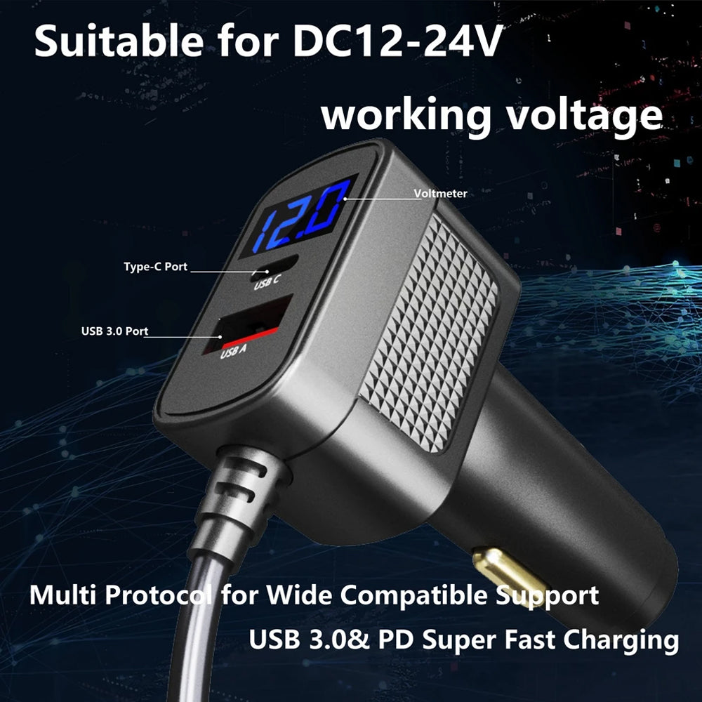 3M Starlink Mini Cable DC to Cigarette Lighter Plug with QC3.0 Type C &Voltmeter