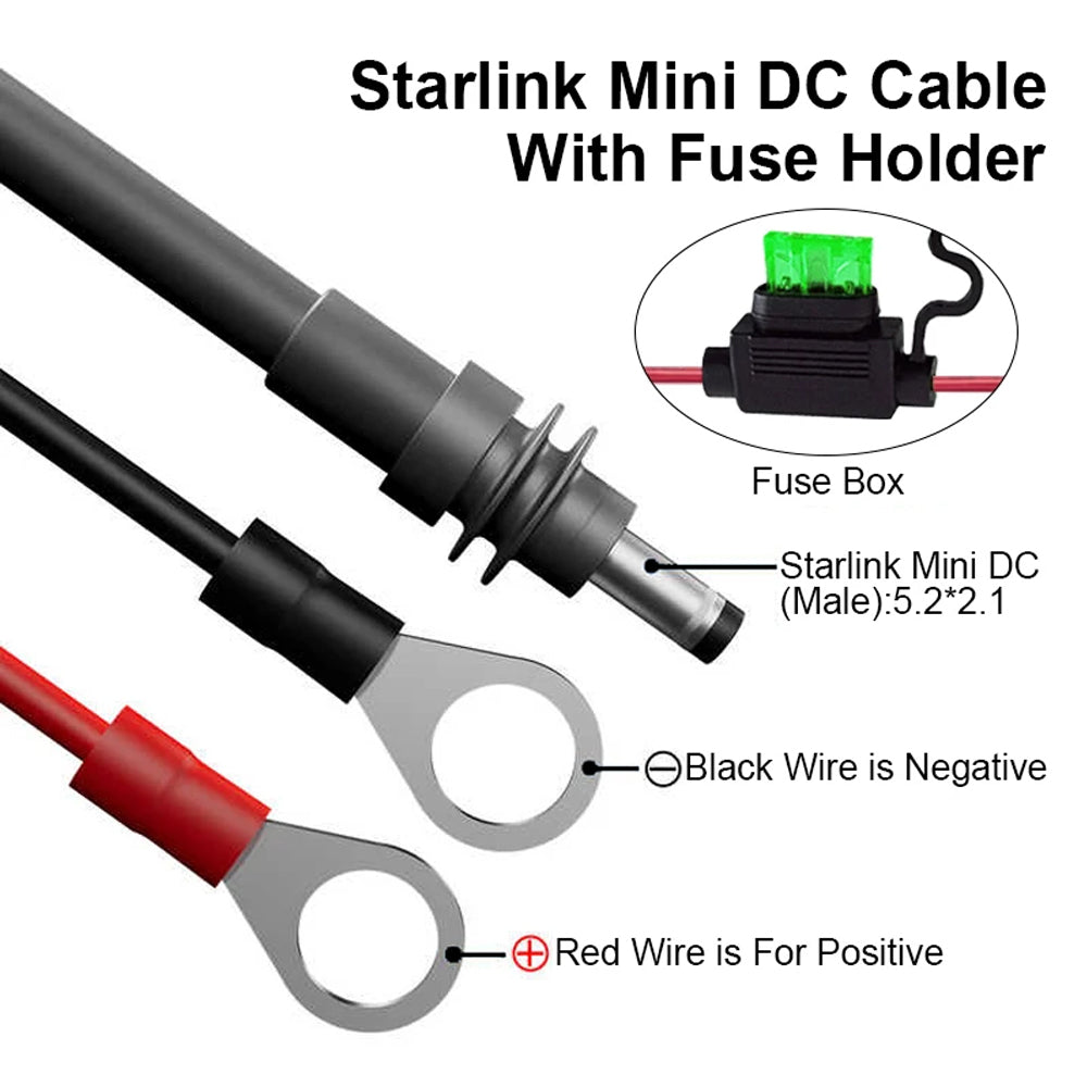 2M Starlink Mini DC Power Cable to Battery O Ring Terminals with Fuse Holder