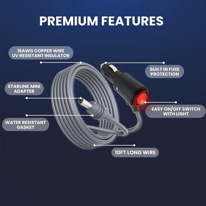 2M Starlink Mini DC Power Cable to Cigarette Lighter Plug with Switch
