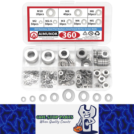 360pcs 304 Stainless Steel Flat Washer Kit M2–M10 8 Size for Home Car Repair DIY