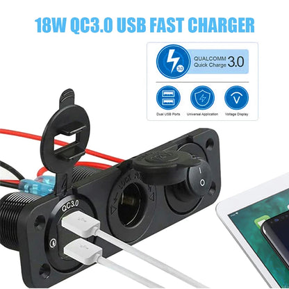 4 in1 Blue Switch Panel 12-24V Dual QC3.0 USB Charger + Voltmeter + Power Socket