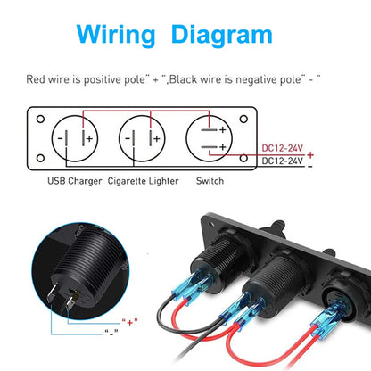 4 in1 Blue Switch Panel 12-24V Dual QC3.0 USB Charger + Voltmeter + Power Socket