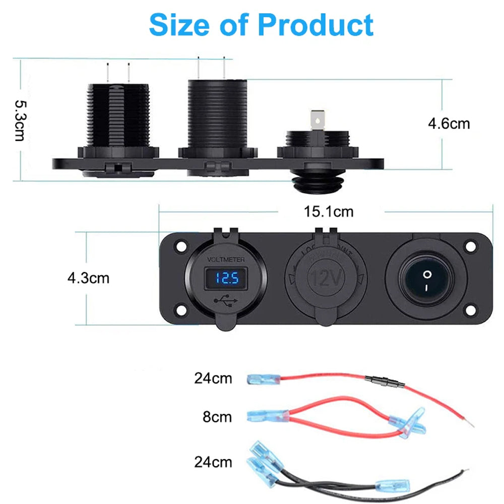 4 in1 Blue Switch Panel 12-24V Dual QC3.0 USB Charger + Voltmeter + Power Socket