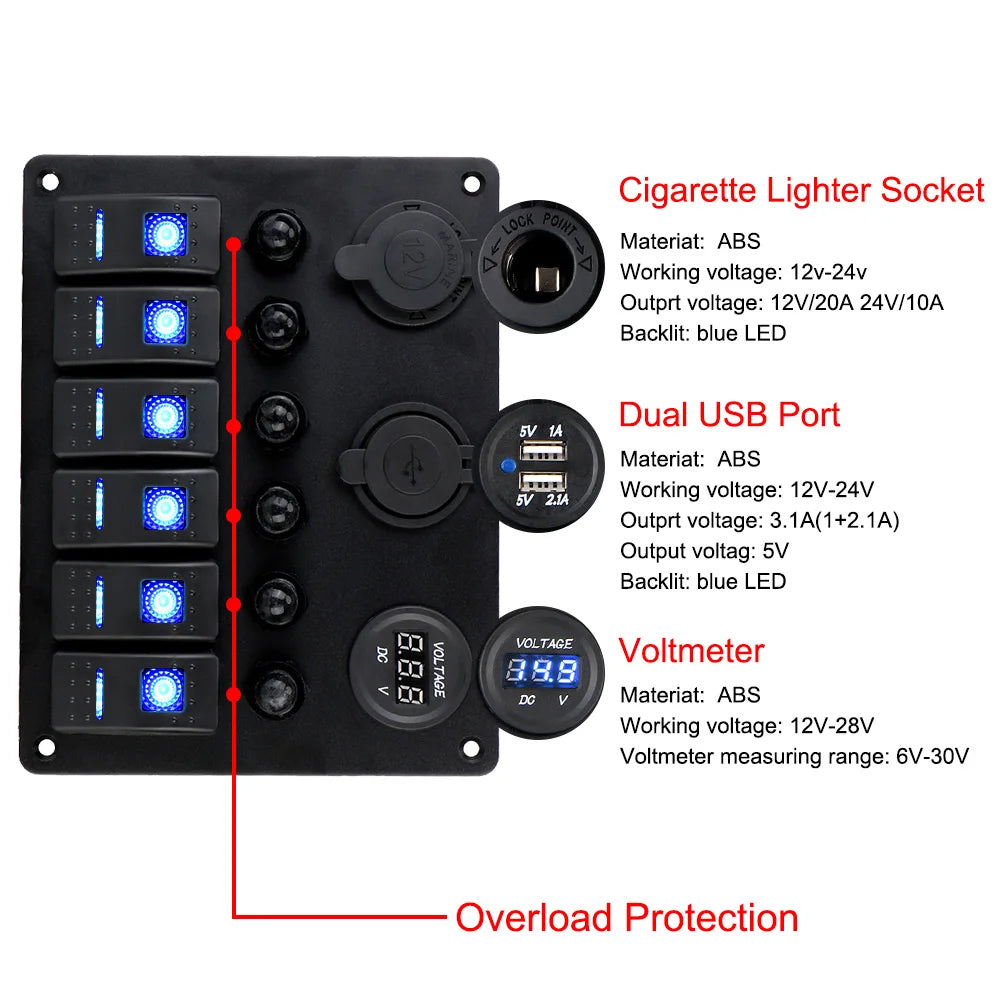 Red 6 Gang Switch Panel USB Charger Circuit Breakers Voltmeter Power Socket