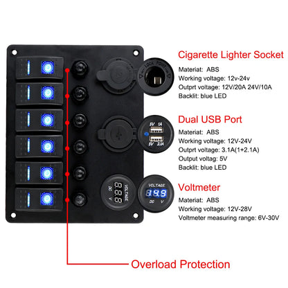 Red 6 Gang Switch Panel USB Charger Circuit Breakers Voltmeter Power Socket
