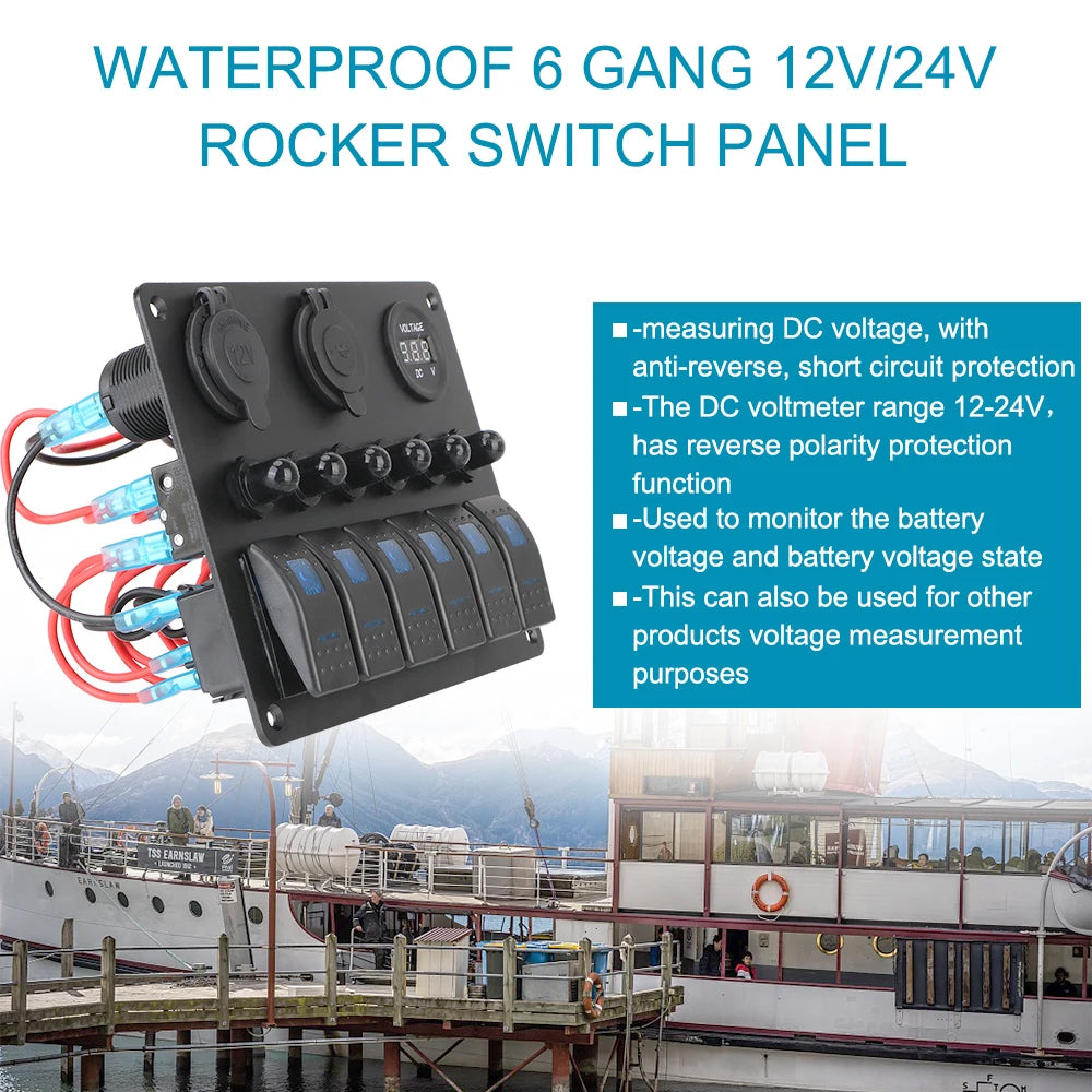 Red 6 Gang Switch Panel USB Charger Circuit Breakers Voltmeter Power Socket