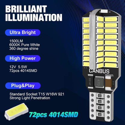 2 x 12v T15 White LED 72x4014smd 12v Canbus LEDs White Super Bright (2pcs)