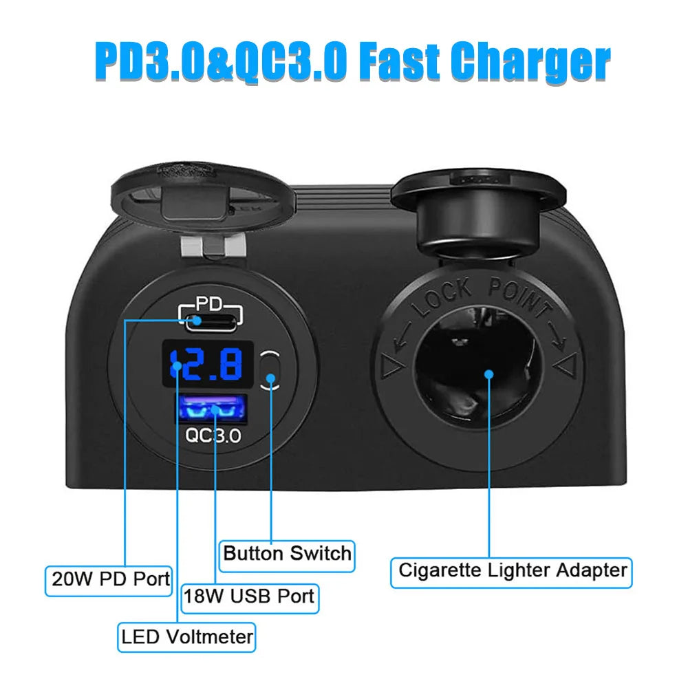 Tent Type Panel Cigarette Lighter Socket + PD USB C & QC3.0 Charger & Voltmeter