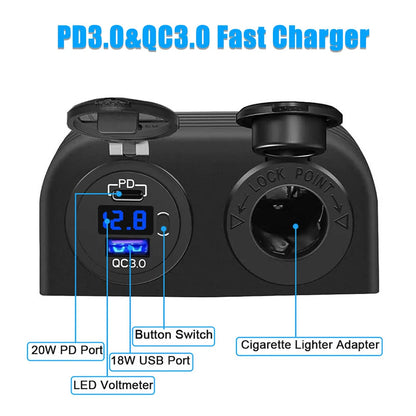 Tent Type Panel Cigarette Lighter Socket + PD USB C & QC3.0 Charger & Voltmeter