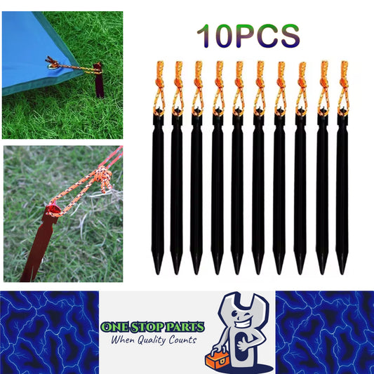 10 x Black Tent Stakes 18CM Tri-Beam Tent Pegs with Rope Ground Nails Stakes