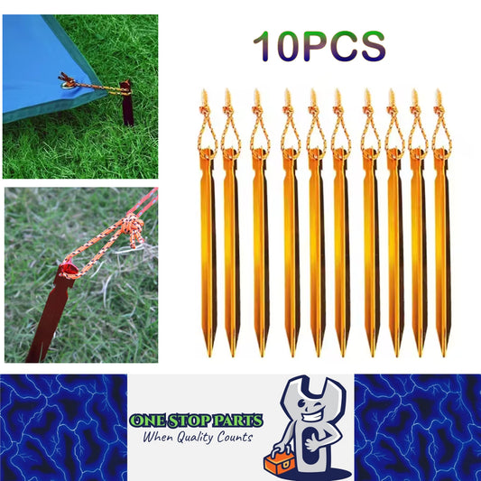 10 x Golden Tent Stakes 18CM Tri-Beam Tent Pegs with Rope Ground Nails Stakes