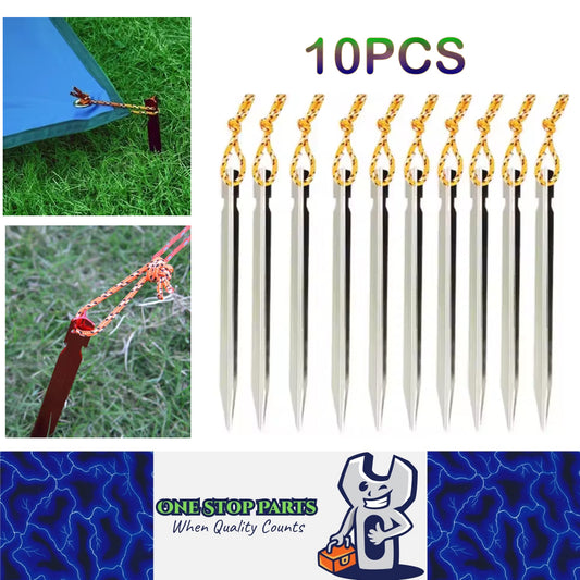 10 x Silver Tent Stakes 18CM Tri-Beam Tent Pegs with Rope Ground Nails Stakes