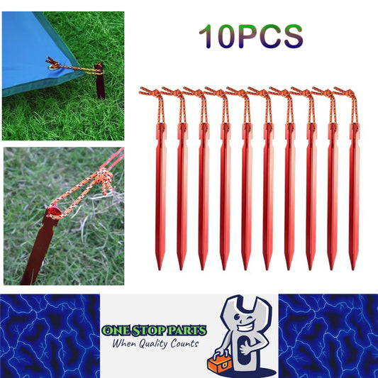 10 x Red Tent Stakes 18CM Tri-Beam Tent Pegs with Rope Ground Nails Stakes