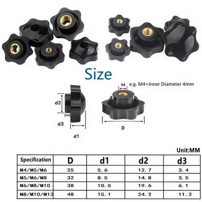 5 x M8 38mm Hand Tighten Nut 6 Petal with Hole Through Easy Tighten and Release