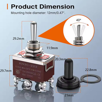 5 x Toggle Switch 12V 30A On/Off/On 6 Pin DPDT Car Boat Toggle Switch with Boot