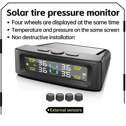 Tyre Pressure Monitor System TPMS Solar USB Car Tire Alarm 4 External Sensors
