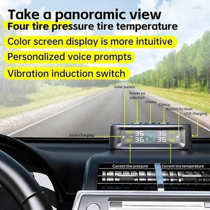 Tyre Pressure Monitor System TPMS Solar USB Car Tire Alarm 4 Internal Sensors