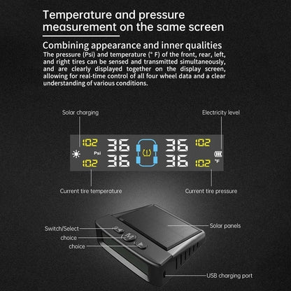 Tyre Pressure Monitor System TPMS Solar USB Car Tire Alarm 4 Internal Sensors