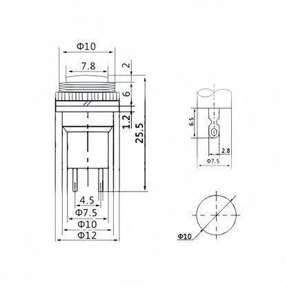 6 x Red Push Button Switches Panel Mount 10mm Momentary OFF/ON SPST Switches Top