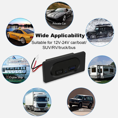 USB Outlet Panel 18W PD USB C Typc C and 18W QC 3.0 Car Charger 12-24V with LED