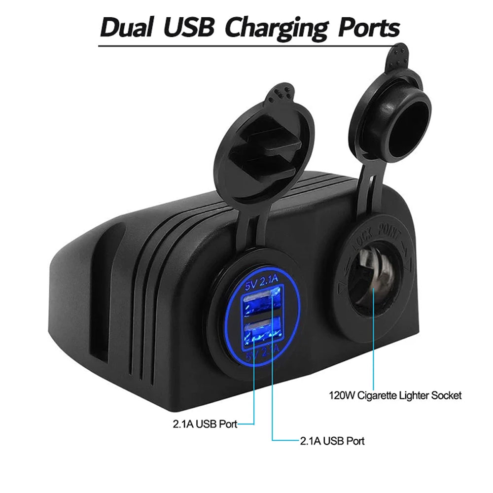 Tent Type Panel 12-24V Cigarette Lighter Socket + Dual USB Port Charger 5V 4.2A