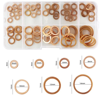 100 Copper Washer Gasket Nut And Bolt Set Flat Ring Seal Assortment Kit (100pcs)
