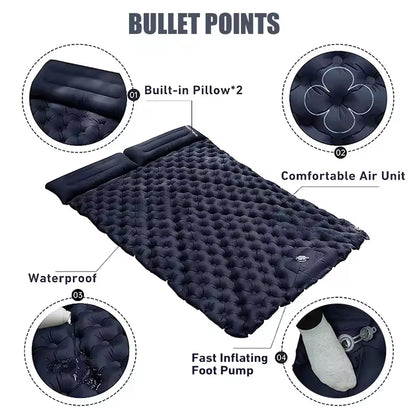 Khaki Outdoor DoubIe Inflatable Mattress with Pillow Sleeping Pad Camping Mat