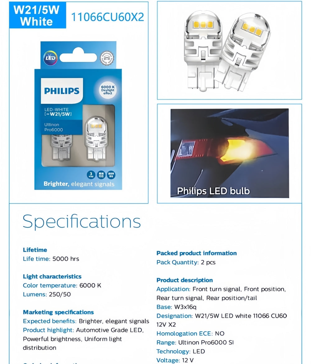 2 x Philips T20 7443 White LED Globe 12V 6000K Philips 7443 LED Turn Signal Lamp