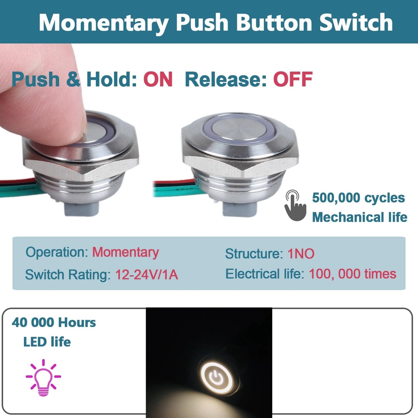 16mm White LED Metal Push Button Switch Ultra Thin 12-24V Pre-Wired Self Reset