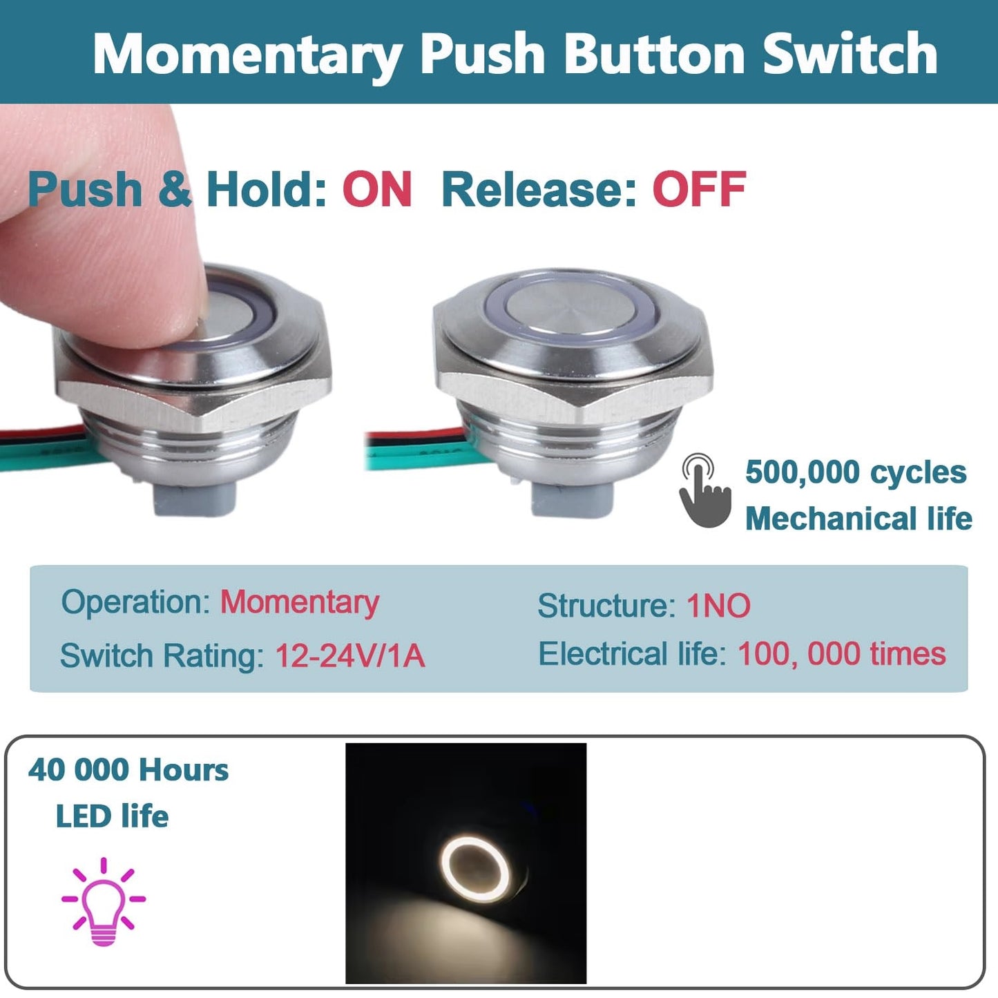 22mm Metal Push Button Switch Ultra Thin White LED 12-24V Pre-Wired Self Reset