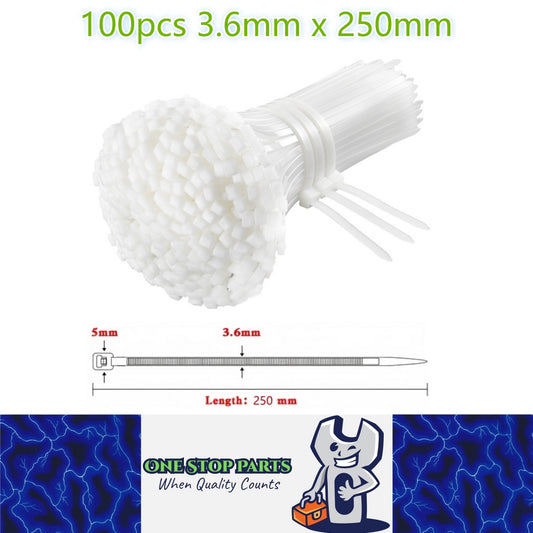 100 x 250mm White Cable ties 3.6mm x 250mm White Plastic Nylon Ties (100pcs)