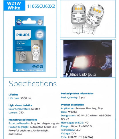 2 x Philips T20 7440 White LED Globes 12V 6000K Philips 7440 LED Reverse Light