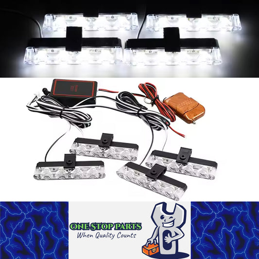 4 x Car Front LED Grille Lights White LED Strobe Light Remote Grill Warning Lamp