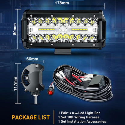 2 x White LED Light Bar 120W 178x80mm Flood Spot LED Work Light with Harness