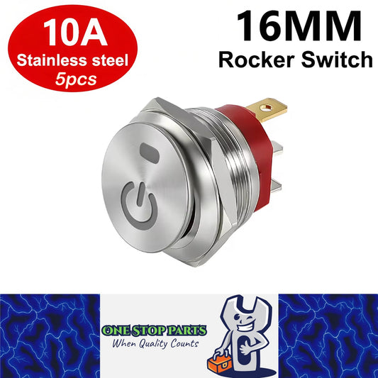 5 x White Power LED 16mm Metal Rocker Switch 12-24V 10A 3Pin ON/OFF Self-Locking