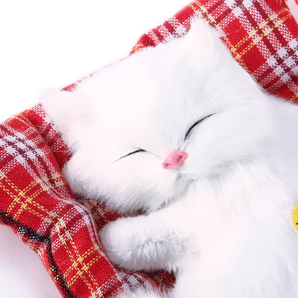 White Sleeping Cat in Pet Pad Doll Mini Kitten Toy with Meows Sound Car Decor