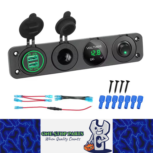 4 in1 Green Switch Panel 12V Dual USB Charger Voltmeter Power Socket with Wire