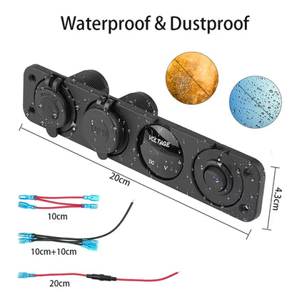 4 in1 Green Switch Panel 12V Dual USB Charger Voltmeter Power Socket with Wire